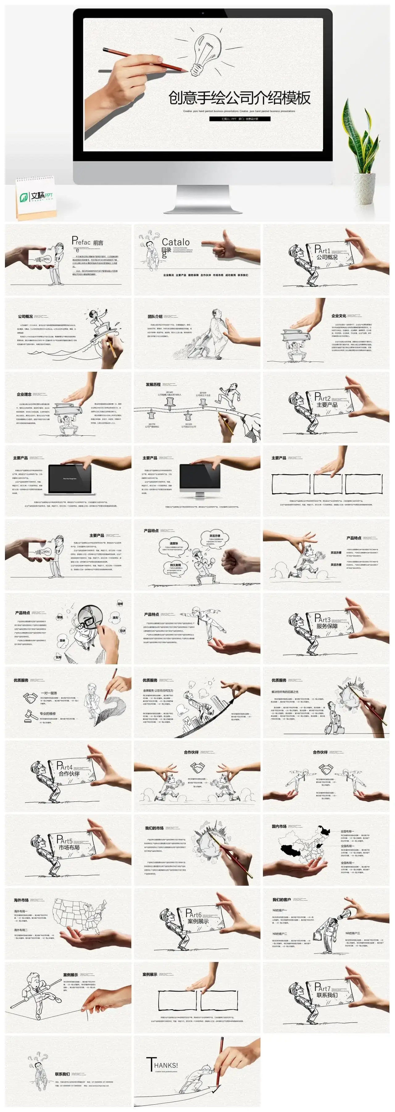 创意手绘手势公司介绍PPT模板
