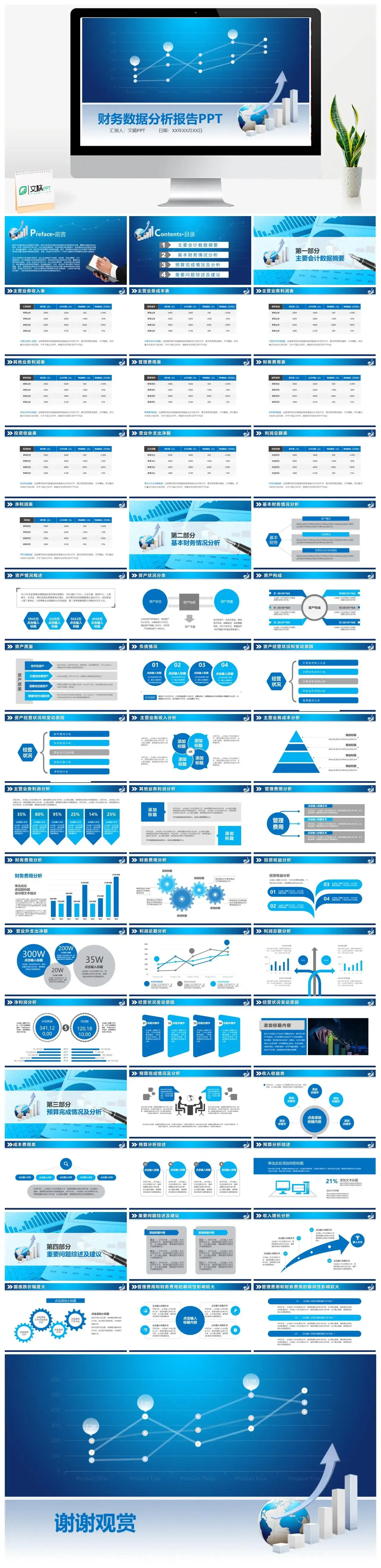 蓝色扁平风财务数据分析报告PPT模板