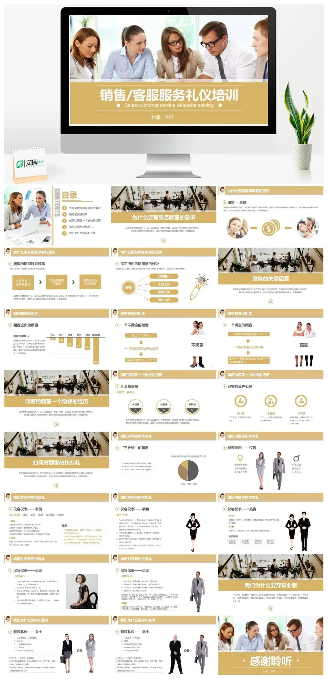 淡雅商务销售客服服务行业职场礼仪培训PPT模板