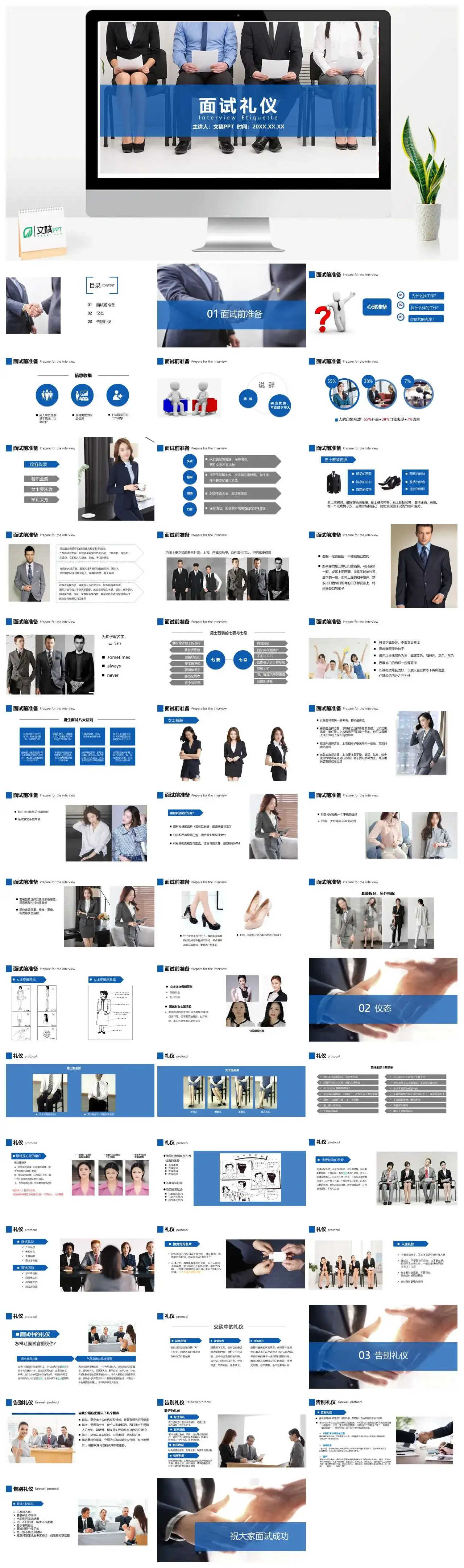 蓝色简约商务面试礼仪职场礼仪培训PPT模板