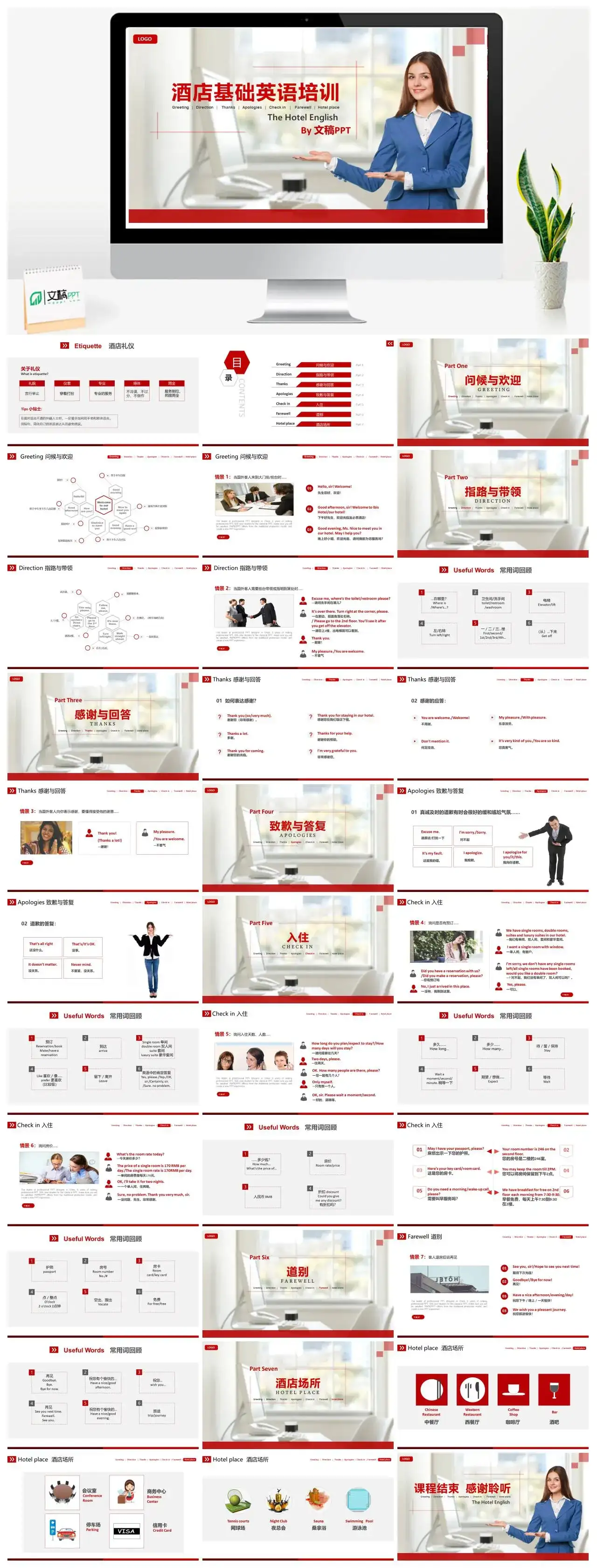 红色商务大气酒店基础英语培训PPT模板