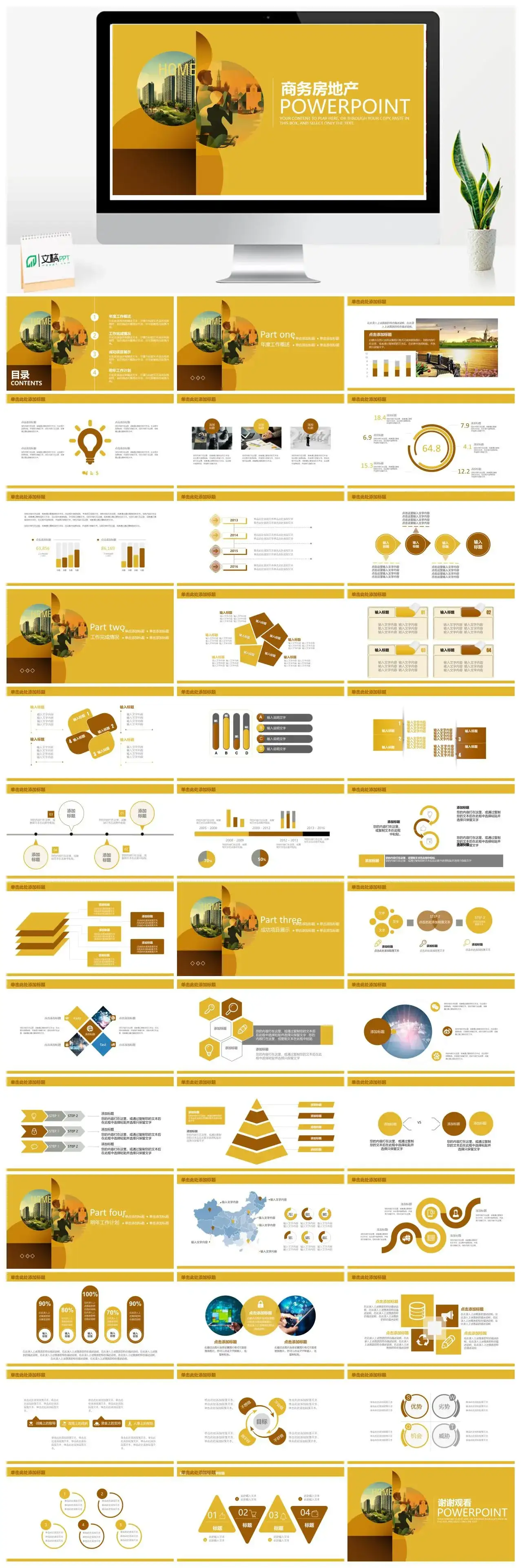 黄色商务房地产行业年终工作汇报总结PPT模板素材下载