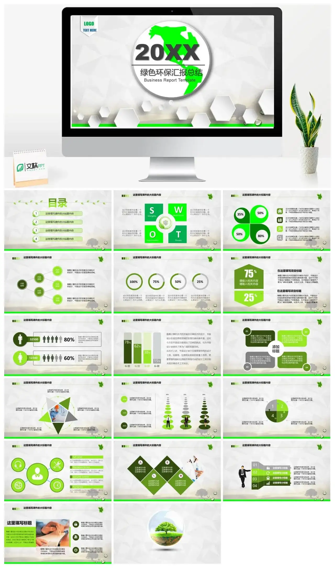 环保行业专用绿色时尚工作汇报年度总结PPT模板