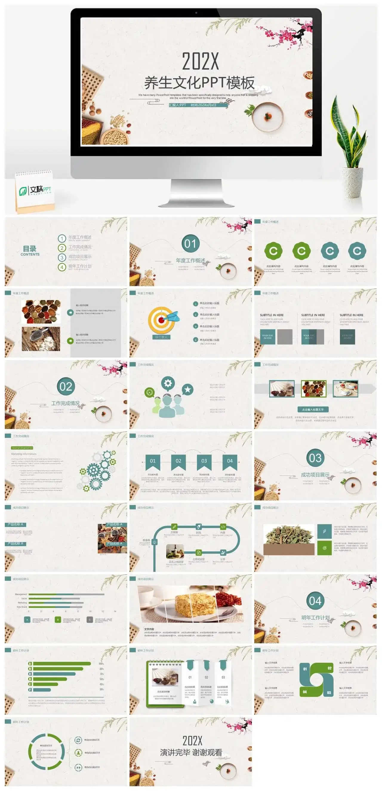 个性简洁商务养生中医文化教育宣传工作汇报总结PPT模板素材下载