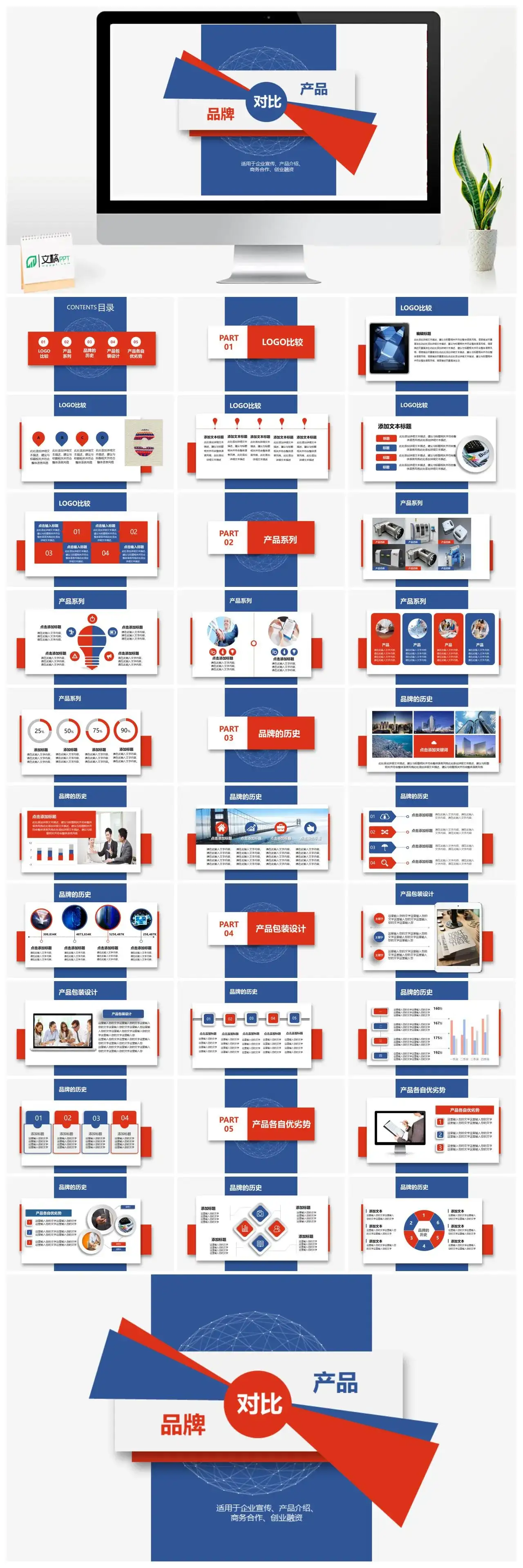 红蓝简约转正述职报告企业宣传产品介绍PPT模板