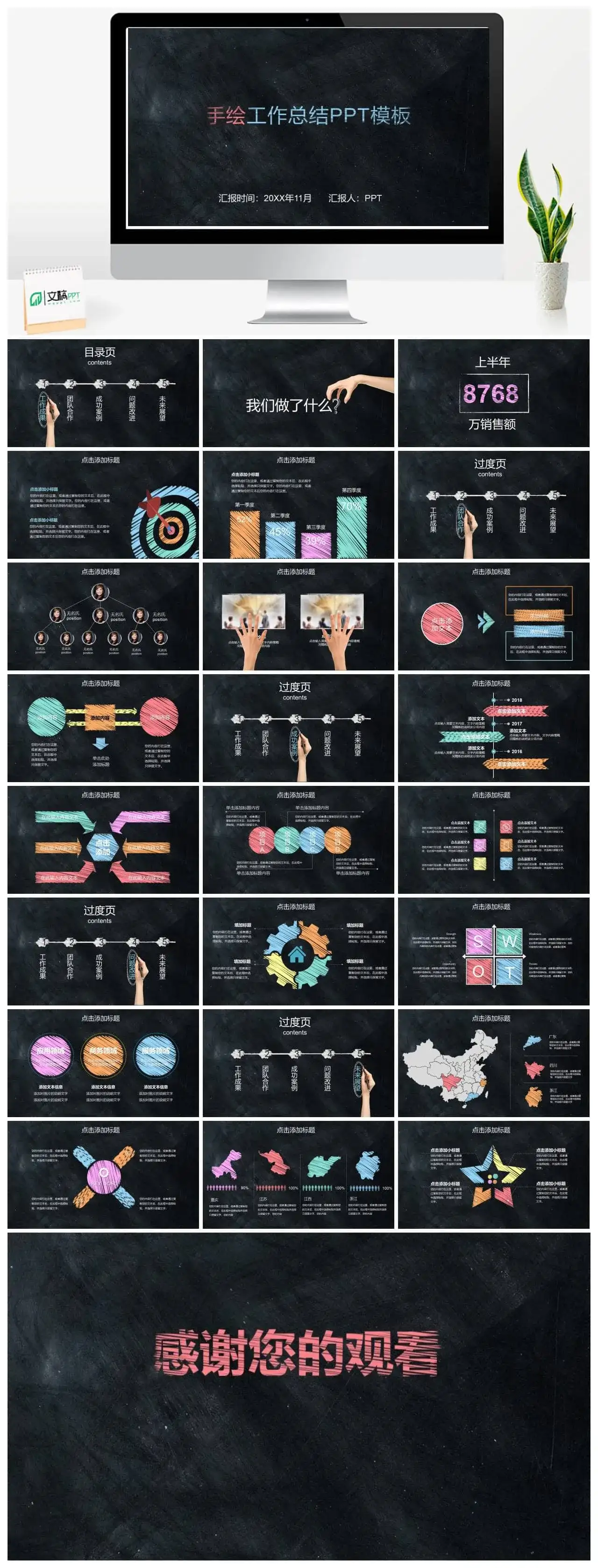 小清新黑板手绘工作总结PPT模板素材下载
