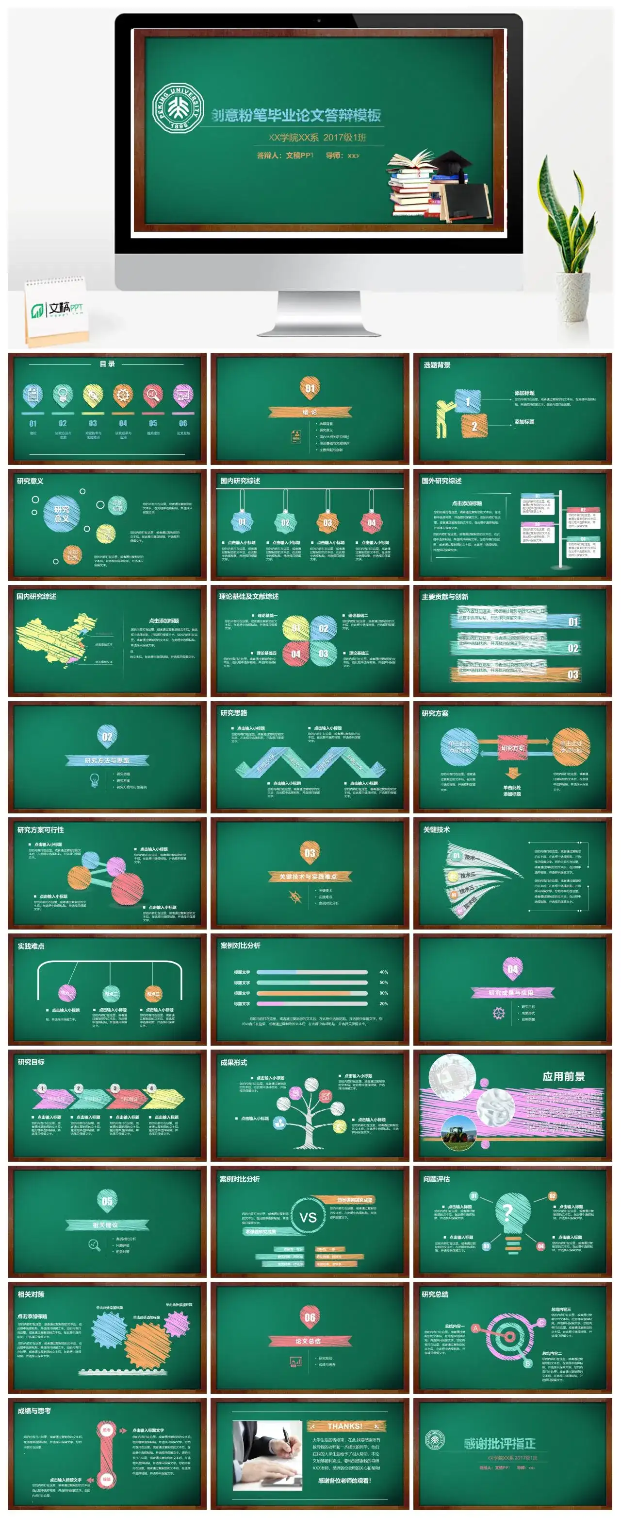 黑板创意粉笔毕业论文答辩PPT模板