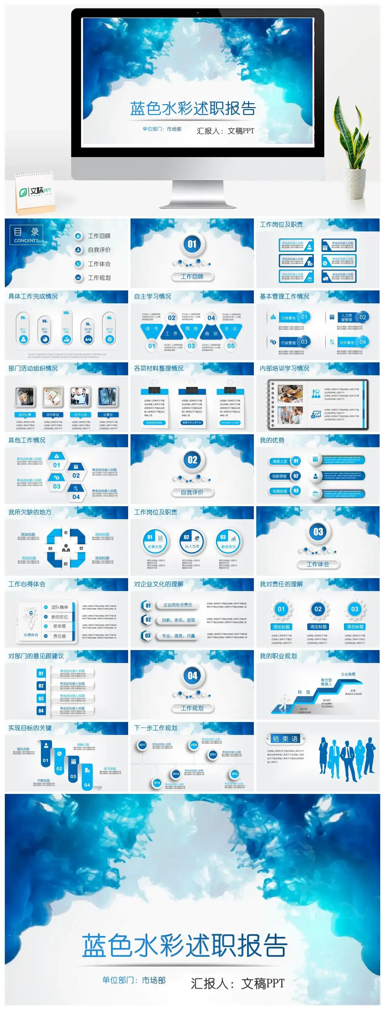 蓝色水彩创意动态述职报告PPT模板