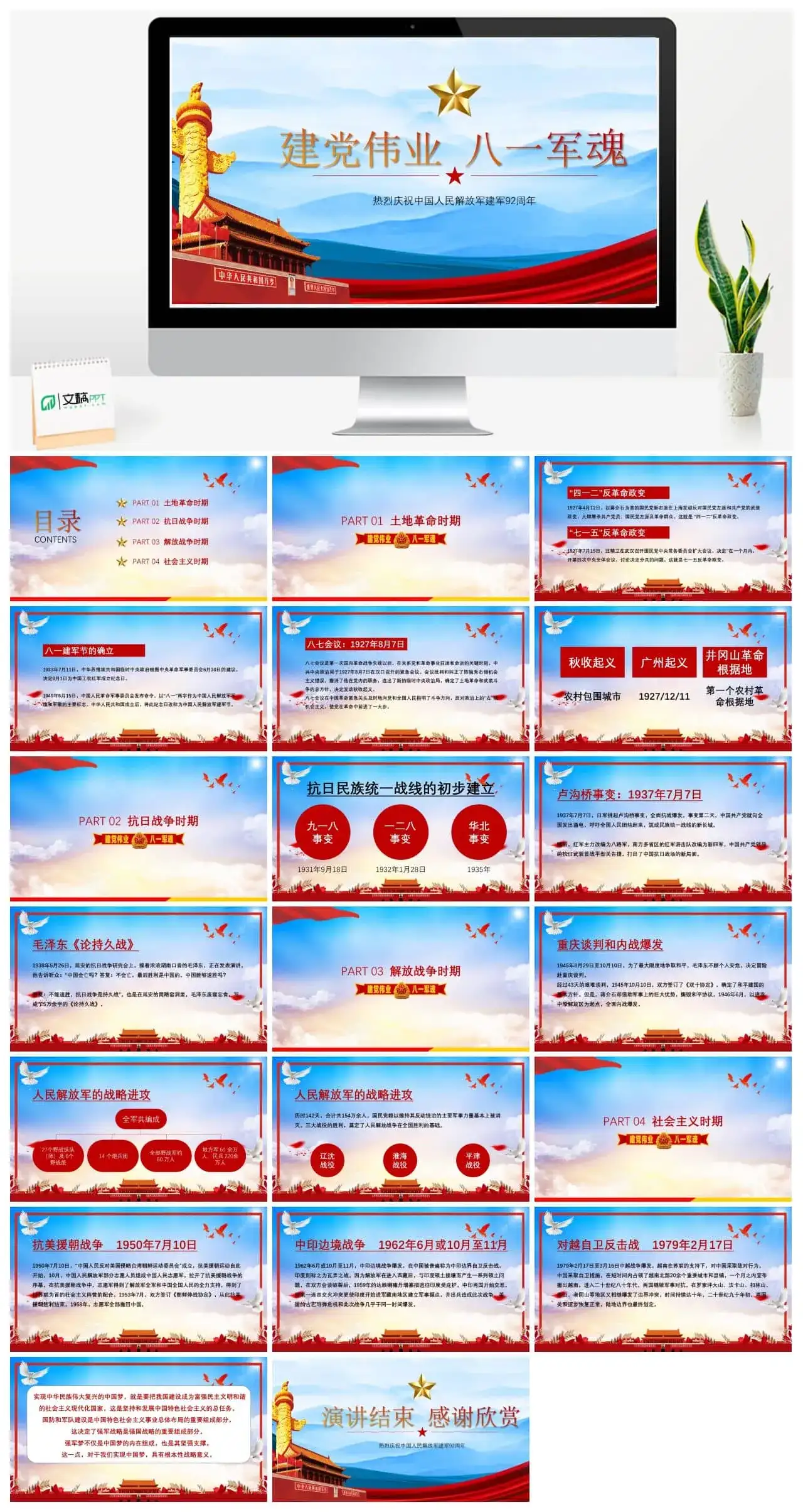 蓝色亮丽八一建军节党政ppt模板