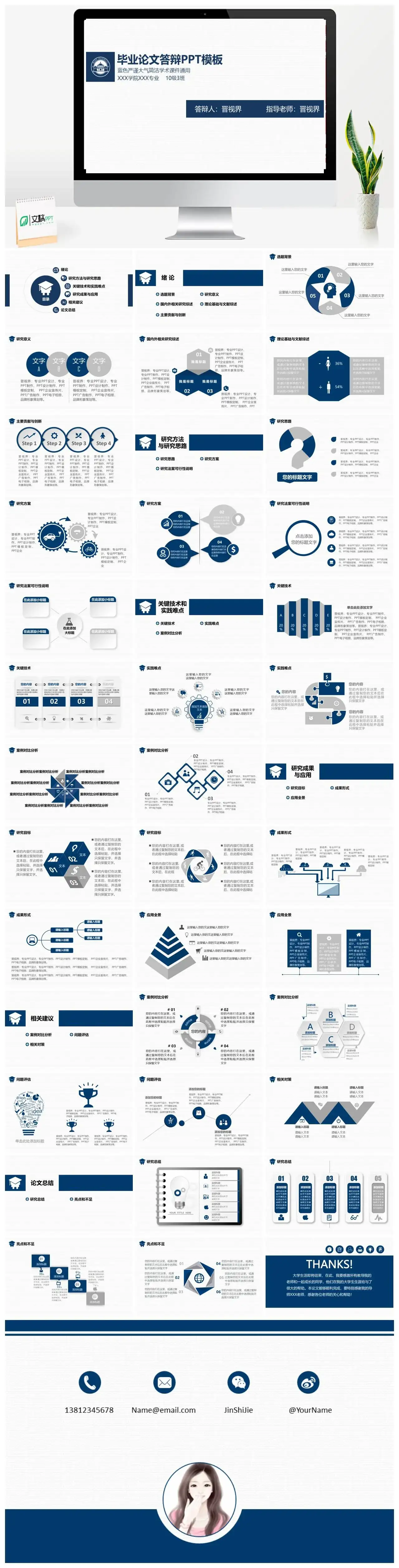 框架完整蓝色严谨大气学术风格毕业答辩论文PPT模板