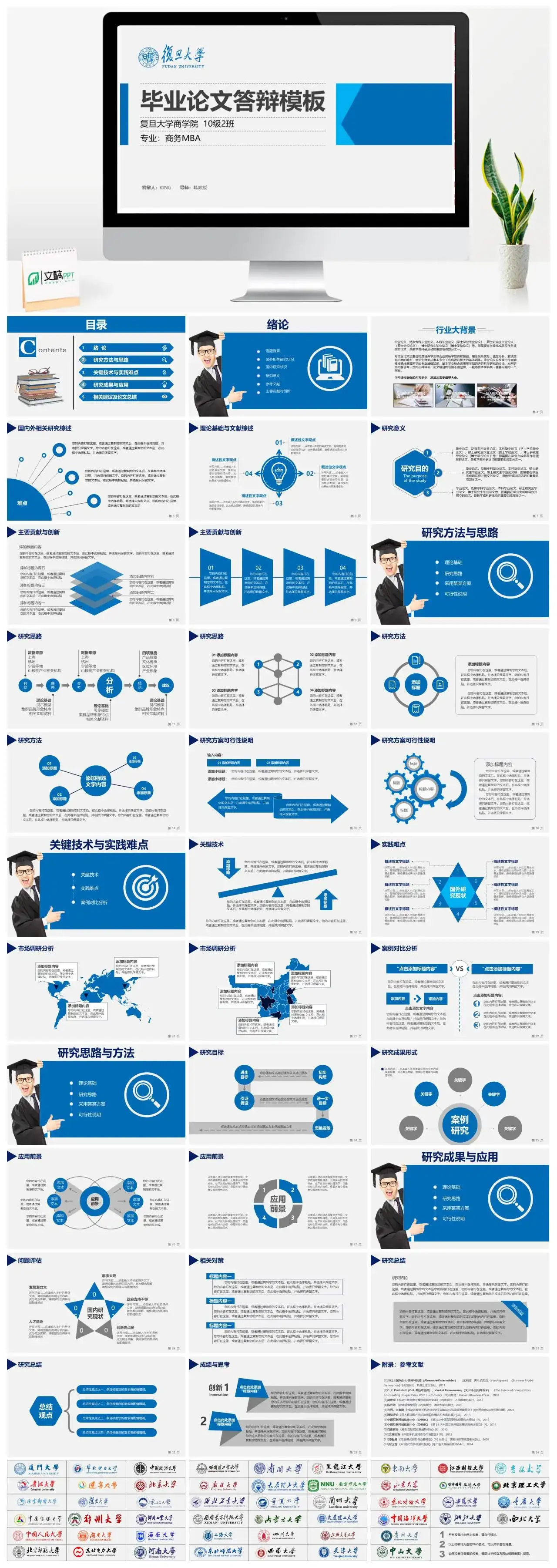 【动态】蓝色框架完整论文答辩开题报告PPT模板