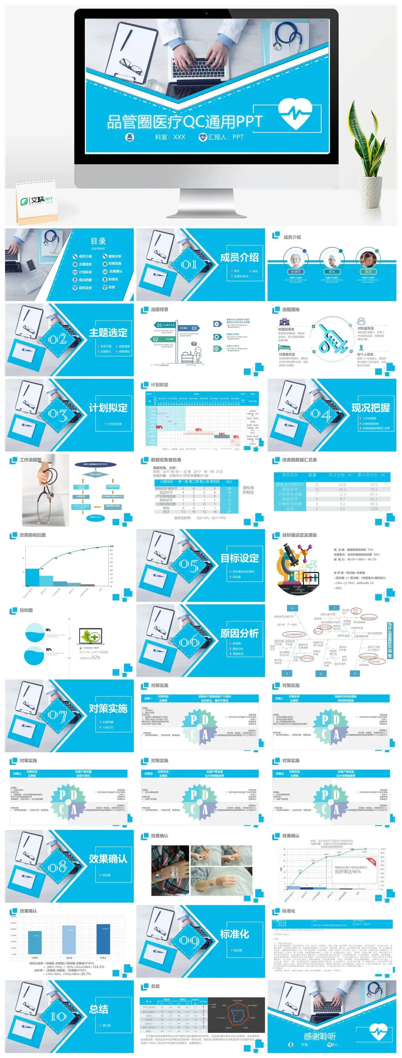 蓝色商务风微立体医疗QC品管圈通用模板PPT幻灯片素材