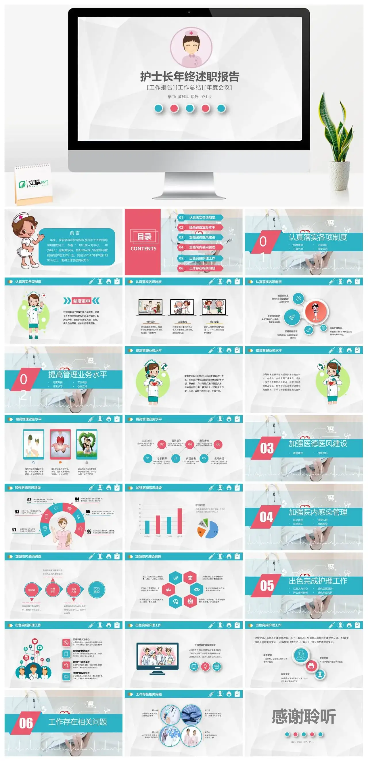 护士长述职报告PPT模版幻灯片素材