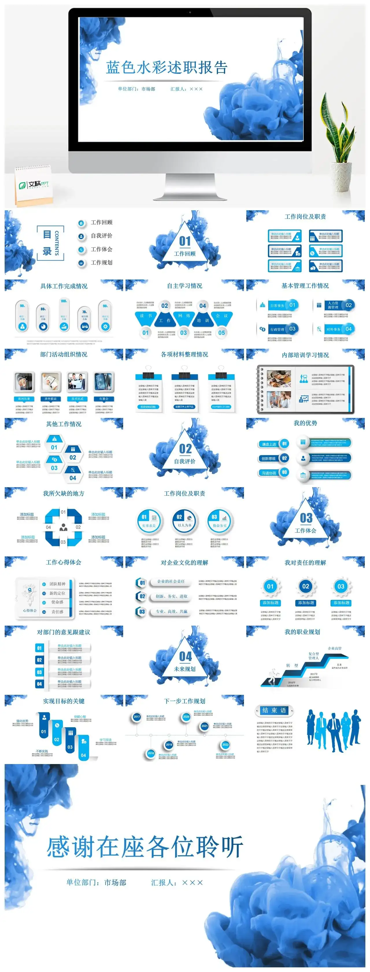 蓝色水墨清新立体个人述职报告总结PPT幻灯片
