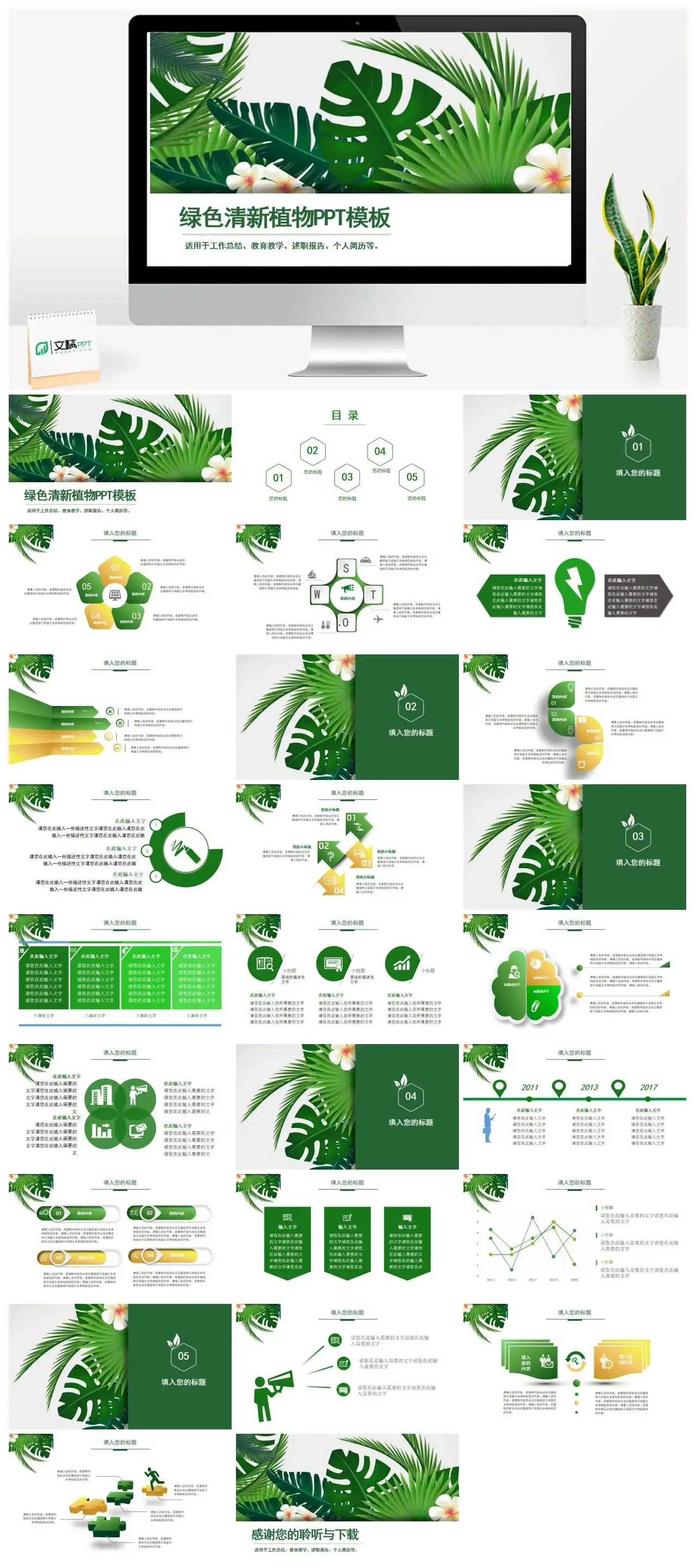 绿色清新植物教育述职报告PPT模板幻灯片