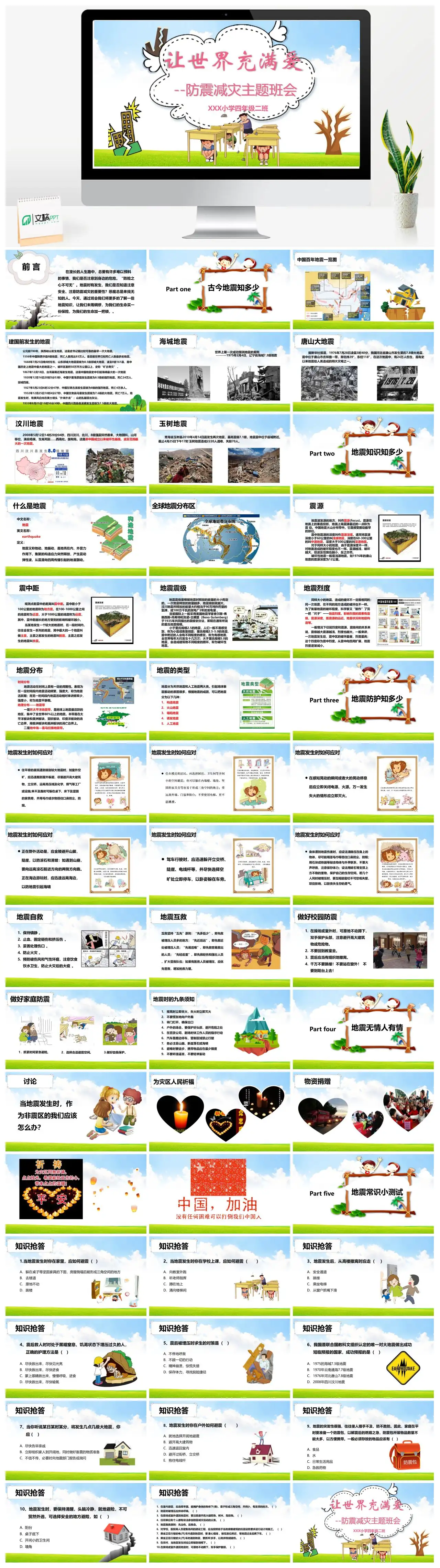 防震减灾主题班会小学四年级二班PPT